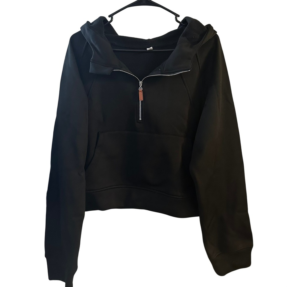 Laslulu Women's Black Scuba Half Zip‎ Hoodie Cropped Fleece Sweatshirt XL